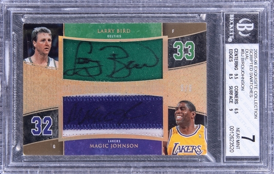 2005-06 UD "Exquisite Collection" Dual Scripted Swatches #BJ L. Bird/M. Johnson Signed Game Used Patch Card (#5/5) - BGS NM 7/BGS 9